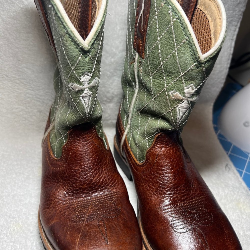 Twisted X Brown & Green Cross Leather Cowboy Boots-Pull on-Embroidered- - Picture 9 of 12